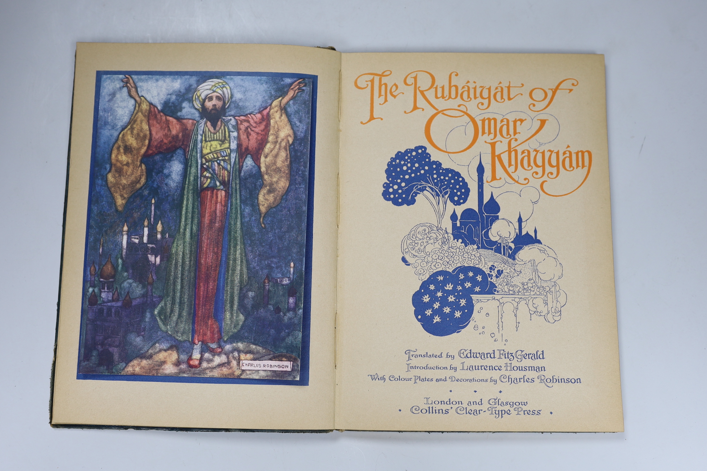 The Rubaiyat of Omar Khayyam, a blue leather bound volume, with coloured plates and decorations by Charles Robinson